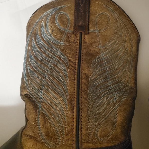 ARIAT ROUNDUP LEATHER WOMEN PULL ON COWBOY BOOT WIDE CALF. brown Gold Turquise. - Picture 2 of 16